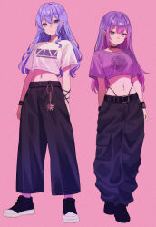 2girls alternate_costume alternate_hairstyle arms_at_sides baggy_pants bell-bottoms belt black_belt black_choker black_panties black_pants black_shoes blue_eyes blue_hair blunt_bangs breasts cargo_pants choker closed_mouth commentary_request crop_top cropped_shirt crossed_bangs ear_piercing earrings expressionless full_body green_eyes highleg highleg_panties highres hololive hoop_earrings hoshimachi_suisei jewelry looking_at_viewer medium_breasts midriff multiple_girls nametakeko navel navel_piercing panties pants piercing pink_background pointy_ears purple_hair purple_shirt shirt shoes short_sleeves sidelocks simple_background straight_hair tokoyami_towa underwear virtual_youtuber white_shirt wristband