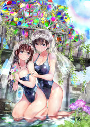 2girls absurdres black_hair blue_eyes blue_sky breasts bridal_veil brown_hair cloud commentary_request competition_swimsuit day eye_contact flower full_body highleg highleg_one-piece_swimsuit highres kneeling large_breasts long_hair looking_at_another marriage multiple_girls ogata_tei one-piece_swimsuit original outdoors plant ruins shallow_water short_hair sky stained_glass strap_slip swimsuit twintails undressing veil vines water wife_and_wife yuri