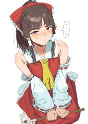 ... 1girl ascot bare_shoulders bow brown_eyes brown_hair closed_mouth collared_shirt commentary_request detached_sleeves frilled_bow frilled_skirt frills hair_bow hair_tubes hakurei_reimu highres long_hair long_sleeves looking_at_viewer red_bow red_shirt red_skirt ribbon-trimmed_sleeves ribbon_trim shirt sidelocks simple_background sitting skirt sleeveless sleeveless_shirt sobayu_to_tenpura socks solo spoken_ellipsis sweat touhou white_background white_sleeves white_socks yellow_ascot