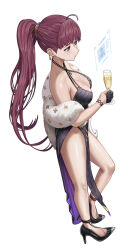 1girl ahoge alcohol bare_legs bare_shoulders blunt_bangs breasts china_dress chinese_clothes cleavage cup dolla_(dark_rose)_(nikke) dolla_(nikke) dress drinking_glass full_body fur-trimmed_jacket fur_trim goddess_of_victory:_nikke high_heels holographic_interface jacket medium_breasts ponytail purple_hair silvertsuki solo thighs white_background wine wine_glass