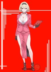1977_oj3 1girl black_choker black_gloves black_hairband blonde_hair breasts choker cleavage closed_mouth collared_shirt commentary dress_shirt earrings english_commentary full_body gloves goddess_of_victory:_nikke hair_behind_ear hair_ornament hairband hairclip high_heels highres holding holding_tablet_pc jacket jewelry large_breasts looking_at_viewer partially_unbuttoned pink_jacket pink_skirt red_background red_eyes red_shoes_(nikke) shirt short_hair skirt smile standing tablet_pc white_shirt