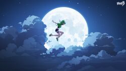 1girl bare_legs black_shorts bracelet cloud crop_top cropped_jacket cutoffs from_side full_moon green_jacket green_shoes grey_hair highres honkai_(series) honkai_impact_3rd hood hooded_jacket jacket jewelry kiana_kaslana kiana_kaslana_(knight_moonbeam) kiana_kaslana_(lemon_soda) midriff moon night night_sky official_alternate_costume official_art outdoors shoes short_shorts short_sleeves shorts sky solo thigh_strap