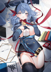 1girl absurdres ako_(blue_archive) animal_collar bell black_gloves black_skirt black_thighhighs blue_archive blue_eyes blue_hair blue_halo blush breasts collar cuffs doodle_sensei_(blue_archive) gloves hair_between_eyes halo handcuffs highres large_breasts long_hair looking_at_viewer lying neck_bell on_back open_mouth sensei_(blue_archive) shirt sideboob skirt solo thighhighs white_shirt yukineko1018