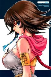 00s 1girl 2006 armband blue_eyes breasts brown_hair dated final_fantasy final_fantasy_x final_fantasy_x-2 large_breasts looking_at_viewer nori-haru open_mouth p-collection piggstar shiki_satoshi shirt short_hair sleeveless sleeveless_shirt source_request square_enix upper_body white_background white_shirt yuna_(ff10)