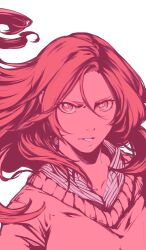 1girl bleach bleach:_sennen_kessen-hen floating_hair hair_between_eyes highres inoue_orihime long_hair looking_at_viewer monochrome parted_lips peppertea pink_theme portrait solo white_background