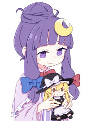 1girl absurdres alternate_hairstyle blue_bow blue_ribbon blunt_bangs blush_stickers bow bowtie character_doll closed_mouth commentary_request crescent crescent_hair_ornament doll dress hair_bow hair_bun hair_ornament hair_ribbon highres holding holding_doll kame_(kamepan44231) kirisame_marisa long_hair looking_down no_headwear patchouli_knowledge purple_dress purple_eyes purple_hair red_bow red_bowtie red_ribbon ribbon robe short_hair_with_long_locks sidelocks simple_background single_hair_bun smile solo striped_clothes striped_dress touhou white_background