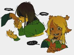 1girl 1other animal_ears antlers blonde_hair blood brown_hair checkered_clothes colored_skin commentary_request damo_(chara_tfootc) deer_antlers deer_ears deer_girl deltarune furry furry_female green_sweater highres holding_hands horns korean_commentary kris_(deltarune) long_hair medium_hair noelle_holiday open_mouth smile speech_bubble sweat sweater tears uneven_eyes weird_route_(deltarune) yellow_skin