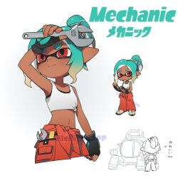 1girl artist_name black_bra black_gloves blonde_hair blue_hair bra bra_peek breasts chibi chibi_inset closed_mouth commentary_request crop_top dark-skinned_female dark_skin fingerless_gloves gloves gradient_hair highres holding holding_wrench ichijip_app inkling inkling_girl inkling_player_character mechanic_(splatoon_raiders) midriff multicolored_hair multiple_views navel nintendo orange_pants pants parted_bangs pointy_ears ponytail red_eyes shirt short_hair small_breasts splatoon_(series) splatoon_raiders tentacle_hair thick_eyebrows tied_shirt underwear watermark white_shirt wrench