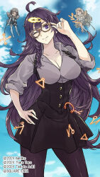Rule 34 | 1girl, ;), adjusting eyewear, ahoge, anki (sinoalice), artist name, belt, black pantyhose, blue sky, braid, breasts, brown skirt, butterfly wings, cleavage, cloud, copyright name, corset, cover, cover page, doll, dorothy (sinoalice), dress shirt, gishin (sinoalice), glasses, grey hair, hair ornament, hairclip, hand on own hip, head tilt, himiko (326ontheweb), impossible clothes, impossible shirt, insect wings, large breasts, long hair, manga cover, one eye closed, open collar, pantyhose, purple eyes, purple hair, reality arc (sinoalice), second-party source, shirt, short hair, single braid, sinoalice, skirt, sky, sleeve pull, smile, very long hair, wings
