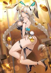 1girl animal_ears arm_strap arm_up ass backless_leotard bare_shoulders black_gloves black_hairband black_leotard black_shoes blue_eyes braid breasts closed_mouth cluseller coin commentary_request commission fake_animal_ears fake_tail from_side full_body gloves hair_ornament hairband high_heels highres large_breasts leotard long_hair looking_at_viewer looking_to_the_side original playboy_bunny pole rabbit_ears rabbit_tail shoes skeb_commission smile solo stripper_pole tail thighs twin_braids twintails white_hair