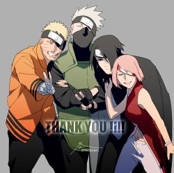 1girl 3boys bandaged_arm bandages black_eyes black_gloves black_hair black_shirt blonde_hair boruto:_naruto_next_generations closed_eyes closed_mouth eyepatch facing_viewer fingerless_gloves flak_jacket forehead_protector gloves green_eyes grey_background haruno_sakura hatake_kakashi highres jacket konohagakure_shinobi_uniform konohagakure_symbol long_sleeves mask mouth_mask multiple_boys naruto_(series) ninja ninja_mask orange_jacket pink_hair red_shirt shirt simple_background sleeveless team_7_(naruto) uchiha_sasuke uzumaki_naruto v white_hair zifletts