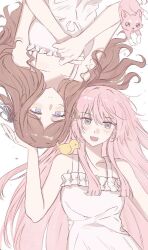 2girls artist_request bang_dream! bang_dream!_it&#039;s_mygo!!!!! bird blue_eyes blue_ribbon brown_hair chihaya_anon closed_mouth commission dress fang grey_eyes hair_ribbon long_hair lying multiple_girls nagasaki_soyo on_back open_mouth ribbon second-party_source sidelocks simple_background sleeveless sleeveless_dress white_background white_dress