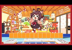 &gt;_&lt; 1girl :3 ahoge animal_ears b_b_i3 bell blush bonsai bow brown_hair brown_sandals brown_skirt cat_ears cat_girl closed_eyes commentary_request fang full_body hair_bell hair_ornament hair_ribbon hamster_wheel highres ichihime indoors japanese_clothes jingle_bell jumping kimono lantern letterboxed long_sleeves mahjong mahjong_soul mahjong_tile obi official_art open_mouth pink_kimono red_bow red_ribbon red_sash ribbon sandals sash short_hair skateboard skirt smile socks solo stuffed_animal stuffed_cat stuffed_toy waist_bow white_socks wide_sleeves