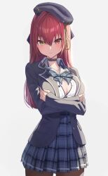 1girl beret black_choker black_hat bow bowtie breasts choker cleavage closed_mouth commentary green_bow green_bowtie grey_background hair_between_eyes hat heterochromia highres hololive houshou_marine houshou_marine_(school_uniform) jacket large_breasts long_hair looking_at_viewer open_clothes open_jacket plaid_clothes plaid_skirt red_eyes red_hair reulem school_uniform simple_background skirt solo virtual_youtuber yellow_eyes