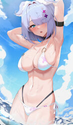 1girl arm_strap armpits arms_up bare_shoulders bikini black_choker blue_eyes blue_hair breasts choker cleavage cloud cloudy_sky day elira_pendora hair_over_one_eye halterneck head_wings highleg highleg_bikini highres large_breasts lessone looking_at_viewer mole mole_on_shoulder multi-strapped_bikini_bottom navel nijisanji nijisanji_en ocean one_eye_covered open_mouth outdoors short_hair side-tie_bikini_bottom skindentation sky standing stomach string_bikini swimsuit thighs virtual_youtuber wading water wet white_bikini wings