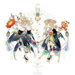 Rule 34 | 1boy, 1girl, :d, :|, absurdres, alternate costume, animal, ankle wings, black cape, black capelet, blue butterfly, blue eyes, bow, braid, brown hair, bug, butterfly, butterfly hair ornament, butterfly ornament, camellia, cape, capelet, changpao, china dress, chinese clothes, chinese commentary, closed mouth, clothed animal, dress, dual persona, expressionless, female master (the tale of food), floating hair, flower, flower ornament, full body, fur-trimmed cape, fur trim, gerbera, green bow, grey dress, grey pants, grey robe, grey socks, hair flower, hair ornament, hair rings, half up braid, highres, holding, holding flower, holding lantern, insect, lantern, long hair, long sleeves, lu wu (the tale of food), male master (the tale of food), open mouth, oversized flower, overskirt, pants, parted bangs, pom pom (clothes), procreate (medium), puffy long sleeves, puffy pants, puffy sleeves, qixie, red flower, robe, shuling, side braids, side cape, smile, socks, standing, standing on one leg, symmetrical pose, tassel, the tale of food, topknot, two-sided cape, two-sided fabric, waist bow, watermark, weibo watermark, white background, white flower, wing cape, wings, yaopei