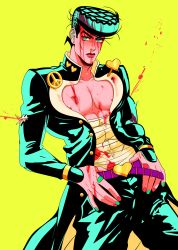 Rule 34 | 1boy, absurdres, belt, blood, blood on face, diamond wa kudakenai, gakuran, green eyes, green hair, green nails, hands on own hips, higashikata josuke, highres, jacket, jojo no kimyou na bouken, male focus, nail polish, nipple slip, nipples, open clothes, open jacket, pectoral cleavage, pectorals, sarashi, school uniform, shirt, solo, tariah furlow, unworn shirt