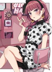 1girl absurdres alternate_costume antique_phone bare_legs belt black_belt black_hairband black_nails blunt_bangs bocchi_the_rock! braid braided_ponytail chair copyright_name corded_phone dress earrings eyeshadow feet_out_of_frame film_grain frilled_dress frills gold_earrings hair_over_shoulder hairband highres hiroi_kikuri holding holding_phone jewelry looking_at_viewer makeup meiji_(meizi493) open_mouth phone pink_background polka_dot polka_dot_dress purple_eyes purple_hair red_eyeshadow rotary_phone short_sleeves single_braid sitting two-tone_dress white_dress