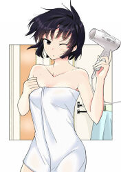 1girl black_eyes black_hair border breasts collarbone commentary_request cowboy_shot drying drying_hair hair_dryer holding holding_hair_dryer kujou_meika meika-san_wa_oshikorosenai naked_towel one_eye_closed outside_border saitou_shouki short_hair small_breasts solo standing towel white_border
