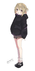 1girl black_jacket black_shoes blonde_hair blush dated full_body jacket legs maze_(gochama_ze_gohan) open_mouth original shoes short_shorts shorts signature simple_background socks solo standing two_side_up white_background