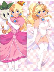 1girl bare_shoulders blonde_hair blue_eyes crown dakimakura_(medium) dress earrings elbow_gloves gloves highres jewelry leotard lips long_hair lying mario_(series) multiple_views nintendo on_back parted_lips pink_dress princess_peach puffy_short_sleeves puffy_sleeves queen_ashi see-through_clothes short_sleeves thighhighs thighs turnip white_gloves white_leotard white_thighhighs