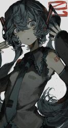 1girl aqua_eyes aqua_hair aqua_necktie black_skirt black_sleeves detached_sleeves frilled_shirt_collar frills grey_shirt hands_up hatsune_miku highres long_hair looking_down mizunako necktie number_tattoo open_mouth shirt skirt sleeveless sleeveless_shirt solo tattoo teeth twintails upper_body upper_teeth_only very_long_hair vocaloid white_background