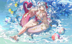 1girl absurdres ahoge aqua_eyes ball bare_legs bare_shoulders barefoot beachball bow breasts bubble carlotta_(splashing_summer)_(wuthering_waves) carlotta_(wuthering_waves) casual_one-piece_swimsuit chinese_commentary cleavage closed_mouth collarbone commentary_request feet food from_above full_body hair_bow highres holding holding_food ice_cream innertube kaekaeki legs long_hair looking_at_viewer medium_breasts off-shoulder_one-piece_swimsuit off_shoulder official_alternate_costume one-piece_swimsuit parted_bangs pink_bow pink_one-piece_swimsuit rubber_duck smile solo sundae swim_ring swimsuit toes very_long_hair white_hair wuthering_waves
