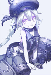 10s 1girl abyssal_ship amputee arm_support choker colored_skin destroyer_princess double_amputee female_focus grey_background grey_eyes hat kantai_collection kibamigohann legless long_hair looking_at_viewer machinery no_legs school_uniform sitting smile solo tears white_hair white_skin