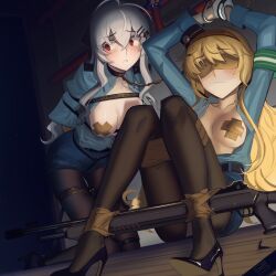 absurdres ahoge arms_behind_back arms_up bdsm black_pantyhose blindfold blonde_hair blue_shirt blush bondage bound breasts breasts_out cad_(caddo) chain chain_leash collar covered_erect_nipples crotch_rope cuffs epaulettes fabarm_sat-8 gag garter_belt girls&#039;_frontline grey_hair gun handcuffs high_heels highres iws_2000_(girls&#039;_frontline) leash long_hair looking_to_the_side medium_breasts pantyhose pasties pencil_skirt police police_uniform policewoman red_eyes s.a.t.8_(girls&#039;_frontline) shibari shibari_over_clothes shirt sitting skirt slave spreader_bar thigh_gap unbuttoned unbuttoned_shirt very_long_hair weapon weapon_request