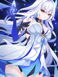 1girl aomo artist_name bare_shoulders breasts broken_glass closed_mouth commentary crossed_bangs crystal_shards dress floating_hair genshin_impact glass hair_between_eyes hand_up highres large_breasts long_hair looking_at_viewer night night_sky object_floating_above_hand prosthesis prosthetic_arm prosthetic_leg red_eyes short_dress skirk_(genshin_impact) sky solo star_(sky) thighs very_long_hair white_dress white_hair
