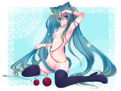 Rule 34 | 1girl, animal ears, aqua eyes, aqua hair, armpits, bad id, bad pixiv id, boots, breasts, cat ears, female focus, hatsune miku, high heel boots, high heels, long hair, nipples, nude, pussy, ryuuga sazanami, shoes, sitting, small breasts, solo, thigh boots, thighhighs, twintails, uncensored, very long hair, vocaloid, wariza, yarn, yarn ball
