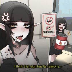 2girls :d absurdres ainz_(mikuneki) anger_vein black_choker black_nails black_shirt black_skirt blunt_bangs blush breasts choker cigarette closed_eyes collarbone commentary english_commentary english_text fangs hair_ornament hand_up highres holding long_hair long_sleeves looking_at_viewer medium_hair middle_finger mikuneki mouth_hold multiple_girls no_smoking no_symbol open_mouth original outdoors pointy_ears riyo_kaede_(mikuneki) shirt sign skirt sleeves_past_wrists smile smoke smoking sweat tongue tongue_out yellow_eyes