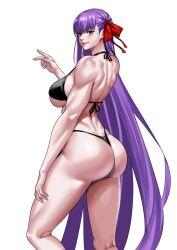 1girl ass bb_(fate) bikini black_bikini blush breasts fate_(series) hair_ribbon kneepits large_breasts long_hair looking_at_viewer muscular muscular_female purple_eyes purple_hair red_ribbon ribbon smile swimsuit v very_long_hair zinfian