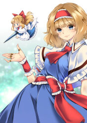 Rule 34 | 1girl, alice margatroid, ascot, blonde hair, blue dress, blue eyes, breasts, capelet, closed mouth, commentary request, cowboy shot, dress, frilled capelet, frilled hairband, frilled wrist cuffs, frills, hair over hairband, hairband, highres, jewelry, large breasts, light blush, looking at viewer, medium hair, meji aniki, puppet rings, red ascot, red hairband, ring, sash, shanghai doll, short sleeves, smile, solo, standing, touhou, waist sash, white capelet, wrist cuffs