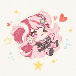 &gt;_o 1girl ;3 anklet bead_anklet bead_necklace beads black_bow black_jacket black_shoes black_skirt bow bubble cat_princess chibi chinese_commentary closed_mouth commentary_request fur-trimmed_sleeves fur_leg_warmers fur_trim gyaru hair_ornament hair_scrunchie hairclip happy heart infinity_nikki jacket jewelry leg_warmers light_blush long_hair long_sleeves miniskirt multicolored_hair necklace nikki_(series) one_eye_closed outline pink_eyes pink_hair pink_leg_warmers pink_scrunchie pleated_skirt rainbow_hair_ornament rosie_sweetheart_(infinity_nikki) scrunchie shoes skirt smile solo star_(symbol) star_hair_ornament streaked_hair striped_background striped_bow tareme two-tone_hair two_side_up v very_long_hair waist_bow white_background white_outline white_scrunchie x_hair_ornament y2k_fashion