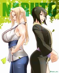 2girls absurdres armpits back-to-back bare_shoulders black_eyes black_hair black_kimono black_pants blonde_hair breasts brown_hair copyright_name cowboy_shot facial_mark forehead_mark from_side green_background hand_on_own_hip head_tilt highres japanese_clothes kimono large_breasts leaf long_hair looking_at_viewer low_twintails medium_breasts multiple_girls nail_polish naruto naruto_(series) no_pupils pants parted_lips red_nails saburo_des sash shirt shizune_(naruto) short_hair sidelocks tsunade_(naruto) twintails twitter_username two-tone_background waist_sash watermark white_background white_shirt