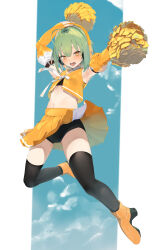 1girl absurdres armpits arms_up bare_shoulders bike_shorts bike_shorts_under_skirt black_bra black_panties black_shorts black_sports_bra black_thighhighs blue_sky blush boots bra breasts cheerleader chunithm cloud crop_top detached_sleeves flying_sweatdrops full_body green_hair hair_between_eyes headphones highres holding jumping kisaragi_yaya long_sleeves navel open_clothes open_mouth open_shirt orange_boots orange_eyes orange_headphones orange_shirt orange_sleeves panties pantyshot pleated_skirt pom_pom_(cheerleading) ribbon shirt short_hair shorts skirt sky sky_feather_(chunithm) sleeveless small_breasts socks solo sports_bra stomach sweat sweatdrop teeth thighhighs thighs underwear upskirt white_ribbon zettai_ryouiki