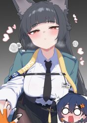 Rule 34 | 2girls, absurdres, animal ear fluff, animal ears, belle (zenless zone zero), black hair, black necktie, black skirt, blunt bangs, blush, breasts, collared shirt, commentary, english commentary, female pov, flying sweatdrops, fox ears, fox girl, green jacket, hair between eyes, highres, hoshimi miyabi, jacket, large breasts, leaning forward, long hair, long sleeves, looking at viewer, multiple girls, necktie, oldsickkim, open clothes, open jacket, open mouth, parted lips, pleated skirt, pov, pov hands, red eyes, shirt, sidelocks, skirt, solo focus, white shirt, zenless zone zero