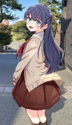 1girl :d black_socks blue_ribbon blue_sky blush breasts brown_cardigan brown_dress cardigan commentary_request day dress feet_out_of_frame from_behind hair_ribbon half_updo hasu_no_sora_school_uniform highres kneehighs link!_like!_love_live! long_hair long_sleeves looking_at_viewer looking_back love_live! medium_breasts murano_sayaka neckerchief open_cardigan open_clothes open_mouth outdoors photo_background pleated_dress red_neckerchief red_ribbon ribbon sailor_collar school_uniform shadow short_dress skt_(ryxxxxx) sky smile socks solo standing virtual_youtuber white_sailor_collar winter_uniform