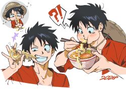 1boy black_hair chinese_zodiac dragon eastern_dragon eating facial_scar food hat holding holding_food male_focus monkey_d._luffy one_piece open_mouth qin_(7833198) scar scar_on_cheek scar_on_face short_hair straw_hat teeth year_of_the_dragon