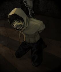 Rule 34 | 1boy, absurdres, black hair, bound, bound ankles, bound wrists, chain, chained, cry of fear, crying, crying with eyes open, dark, duct tape, gag, grey eyes, grey hoodie, highres, hood, hood up, hoodie, improvised gag, ji01 jiji, leaning forward, looking at viewer, male focus, night, parking meter, short hair, sidewalk, simon henriksson, sitting, solo, tape, tape gag, tears, wariza