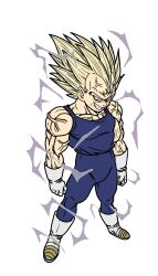 1boy blonde_hair blue_bodysuit bodysuit boots clenched_hands dragon_ball dragonball_z facial_mark fenyon forehead_mark full_body gloves highres majin_vegeta male_focus medium_hair muscular muscular_male red_eyes simple_background solo spiked_hair super_saiyan super_saiyan_2 vegeta veins white_background white_boots white_gloves