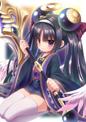 1girl black_hair black_kimono breasts emil_chronicle_online hairband highres holding holding_staff japanese_clothes kimono long_hair mitama_ruri purple_eyes seiza sitting small_breasts staff thighhighs thighs twintails white_thighhighs white_wings wings yupi828