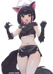 1girl animal_ears black_claws blue_archive cat_ears colored_inner_animal_ears colored_inner_hair fake_claws fur-trimmed_gloves fur_scarf fur_sleeves fur_trim gloves halloween_costume halo highres iffyru kazusa_(blue_archive) kazusa_(halloween)_(blue_archive) multicolored_hair pink_halo solo werewolf_costume