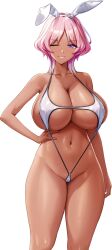 1girl absurdres animal_ear_hairband animal_ears arm_at_side breasts cameltoe clenched_teeth covered_erect_nipples covering_own_ears dark-skinned_female dark_elf dark_skin derauea elf fake_animal_ears game_cg hairband hand_on_own_hip highres huge_breasts light_blush long_pointy_ears looking_at_viewer mamaria_le_failda medium_hair motto!_haramase!_honoo_no_oppai_isekai_oppai_bunny_gakuen! navel non-web_source nontraditional_playboy_bunny official_art one_eye_closed open_mouth parted_bangs pink_hair pointy_ears purple_eyes rabbit_ear_hairband rabbit_ears slingshot_swimsuit smile solo standing star_(symbol) star_in_eye strap_gap swimsuit symbol_in_eye tachi-e teeth transparent_background white_hairband white_slingshot_swimsuit