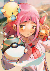 1girl absurdres alien_ashi arched_bangs artist_name blurry blurry_background brown_eyes cardigan closed_mouth dated gen_3_pokemon highres holding holding_poke_ball lacey_(pokemon) long_sleeves looking_at_viewer minun nest_ball nintendo on_head on_shoulder open_cardigan open_clothes pink_cardigan pink_hair plusle poke_ball pokemon pokemon_(creature) pokemon_on_head pokemon_on_shoulder pokemon_sv short_hair smile twitter_username upper_body
