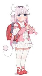 1girl absurdres backpack bag beads blue_eyes commentary_request dragon_girl dragon_horns dragon_tail flute full_body hair_beads hair_ornament highres horns instrument kanna_kamui kobayashi-san_chi_no_maidragon long_hair looking_at_viewer music playing_instrument possummachine randoseru recorder red_bag red_shoes shoes simple_background solo standing tail thighhighs white_background white_thighhighs