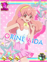 1girl :d aida_orine akb0048 card_(medium) character_name cowboy_shot detached_collar drop_shadow hairband hand_on_own_hip heart index_finger_raised long_hair looking_at_viewer miniskirt non-web_source official_art open_mouth pink_background pink_eyes pink_hair pink_shirt pleated_skirt shirt skirt smile solo sparkle standing star_(symbol) strapless strapless_shirt white_shirt yellow_hairband