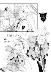 1girl absurdres ahoge animal_ear_fluff animal_ears black_hair black_necktie black_pantyhose black_thighhighs blue_archive blush cat_ears cat_girl explosive feathered_wings grenade grey_jacket grey_skirt greyscale gun hair_between_eyes hand_in_pocket highres holding holding_grenade holding_gun holding_hands holding_weapon hood hoodie jacket kazusa_(blue_archive) kneehighs long_hair looking_at_another looking_to_the_side medium_hair mole mole_under_eye monochrome necktie open_mouth pantyhose reisa_(blue_archive) rifle sailor_collar shirt sidelocks sig_mcx skirt smile socks suzumi_(blue_archive) thighhighs twintails umiwashi weapon white_hoodie white_sailor_collar white_shirt white_skirt wings