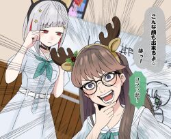 2girls animal_ear_hairband animal_ears antlers aqua_neckerchief black-framed_eyewear black_choker black_hairband blue_dress blush bob_cut breast_pocket brown_hair brown_hairband cat_ear_hairband cat_ears choker coco_apollon colored_inner_hair commentary_request deer_ears diagonal_bangs dress dutch_angle emphasis_lines fake_animal_ears fake_antlers fujishima_megumi glasses grey_hair hair_ornament hairband half-closed_eyes hand_on_own_chin hasu_no_sora_school_uniform holly_hair_ornament horns in-universe_location indoors inverted_bob link!_like!_love_live! long_hair looking_at_another looking_at_viewer love_live! multicolored_hair multiple_girls neckerchief o-ring o-ring_choker open_mouth otomune_kozue paw_pose picture_frame pocket puffy_short_sleeves puffy_sleeves purple_eyes red_eyes red_hair reindeer_antlers ringed_eyes sailor_collar sailor_dress school_uniform selfie short_hair short_sleeves speech_bubble spoken_star star_(symbol) star_hair_ornament streaked_hair summer_uniform teeth translation_request two_side_up v-shaped_eyebrows virtual_youtuber white_sailor_collar whiteboard yugiri_tsuzuri